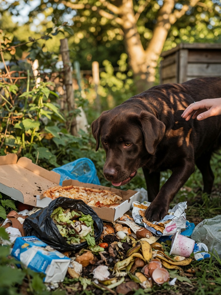 A Labrador retriever sniffing spoiled food and compost during a walk, demonstrating dietary indiscretion