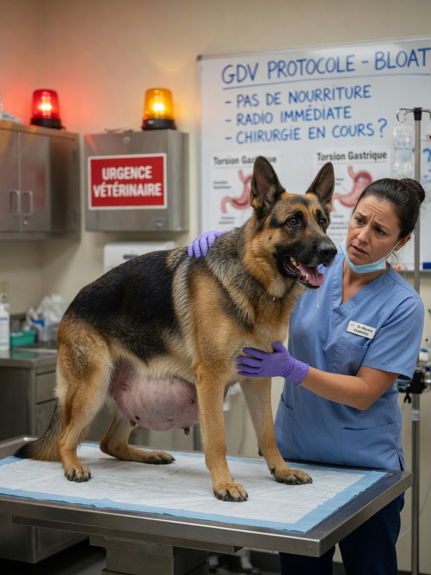 A German Shepherd with a distended abdomen showing signs of GDV emergency condition during veterinary examination