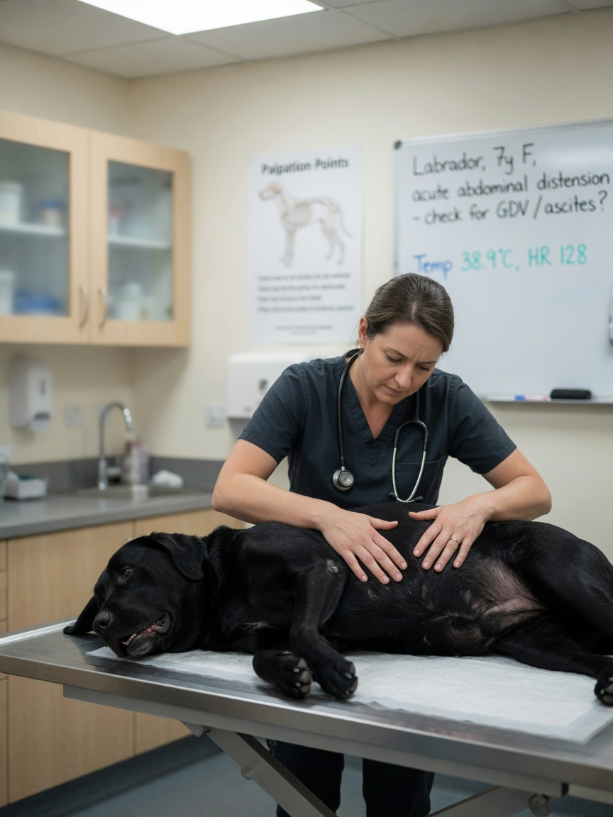 A veterinarian in scrubs examining a distressed black Labrador's swollen abdomen on a clinical examination table