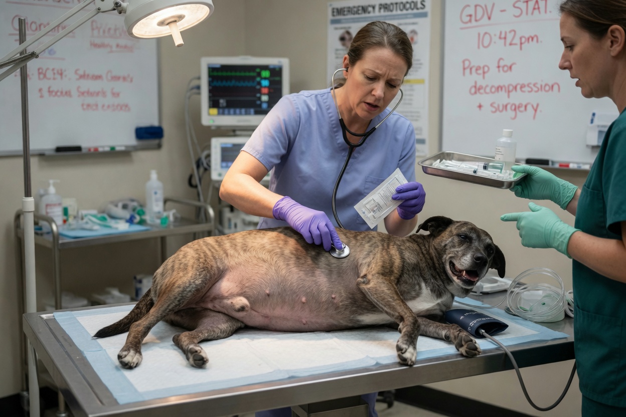 Dog with visibly bloated abdomen receiving emergency veterinary care from veterinarian and vet nurse