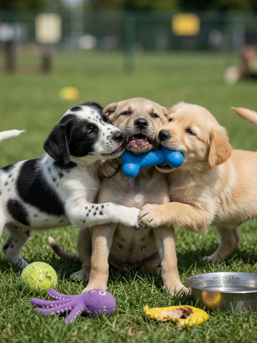 Young puppies playing together and sharing toys at a dog park, demonstrating close contact transmission of canine papillomavirus