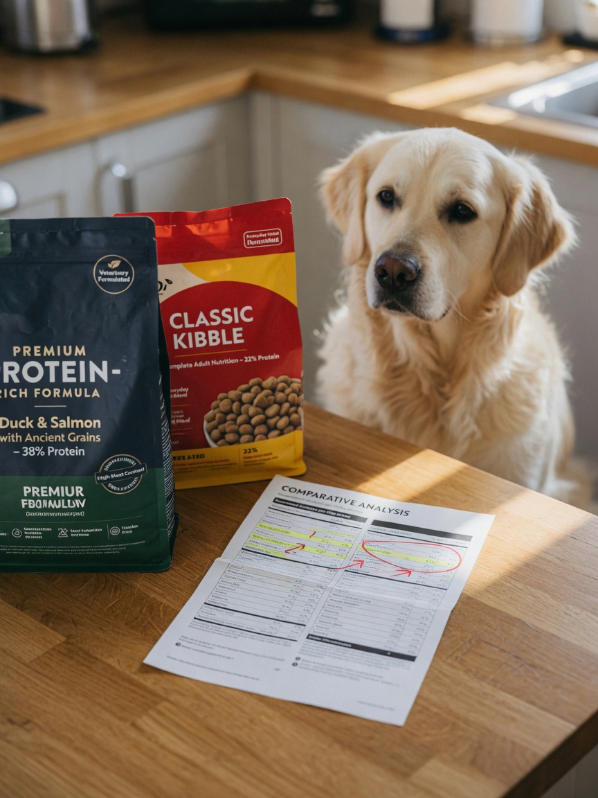 Two dog food bags on a counter with nutrition labels, golden retriever watching in the background