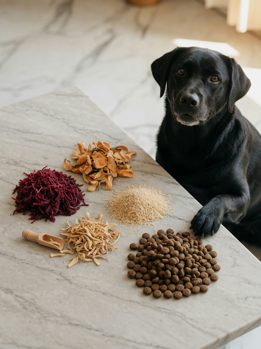 Natural fiber ingredients for dog food including beet pulp and pumpkin arranged with kibble, black Labrador nearby