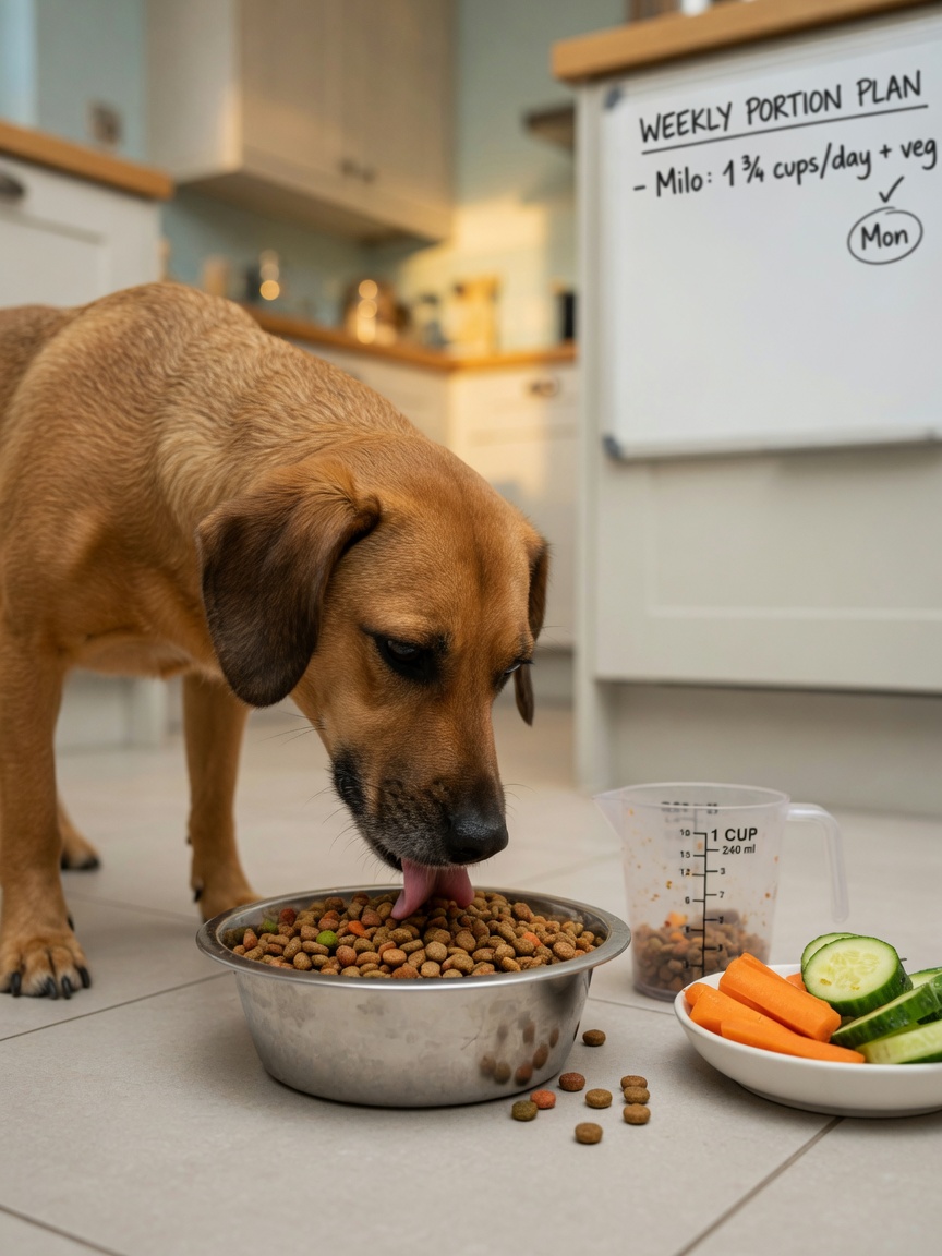 Dog eating measured kibble portion with fresh vegetable treats nearby for portion-controlled weight loss feeding