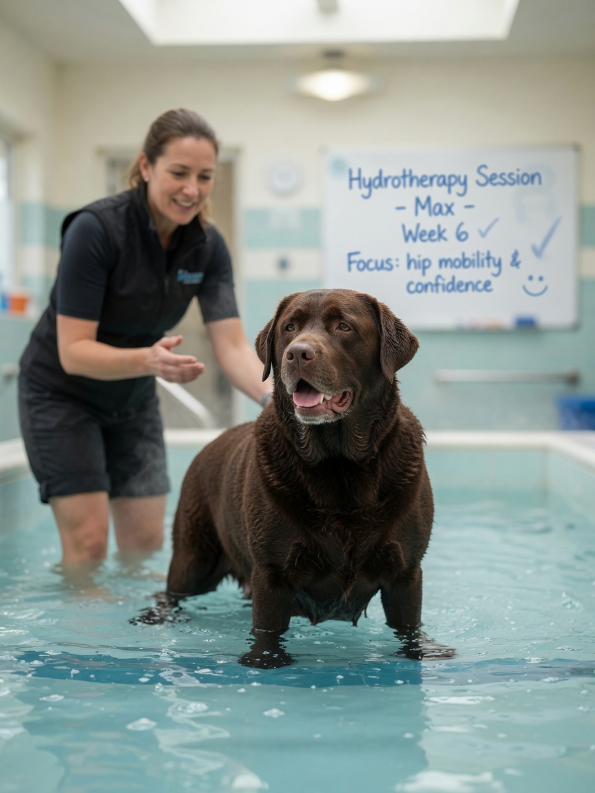 Overweight Labrador retriever in chest-deep water during hydrotherapy session, body partially buoyant with visible relief