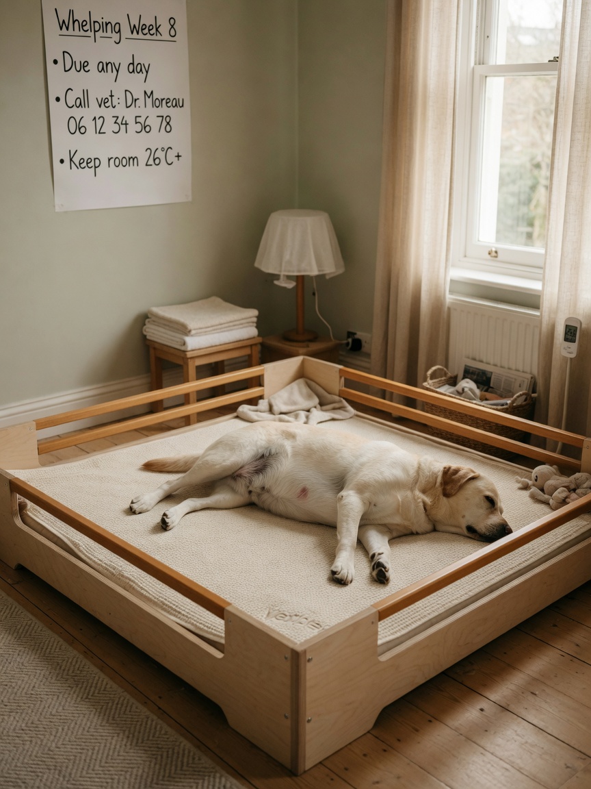 Prepared whelping box with Vetbed bedding, protective pig rails, and pregnant dog resting inside