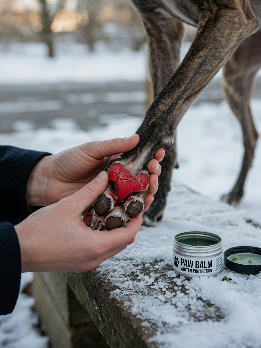 Owner examining irritated paw pad of Greyhound after winter walk with visible redness and cracking from road salt