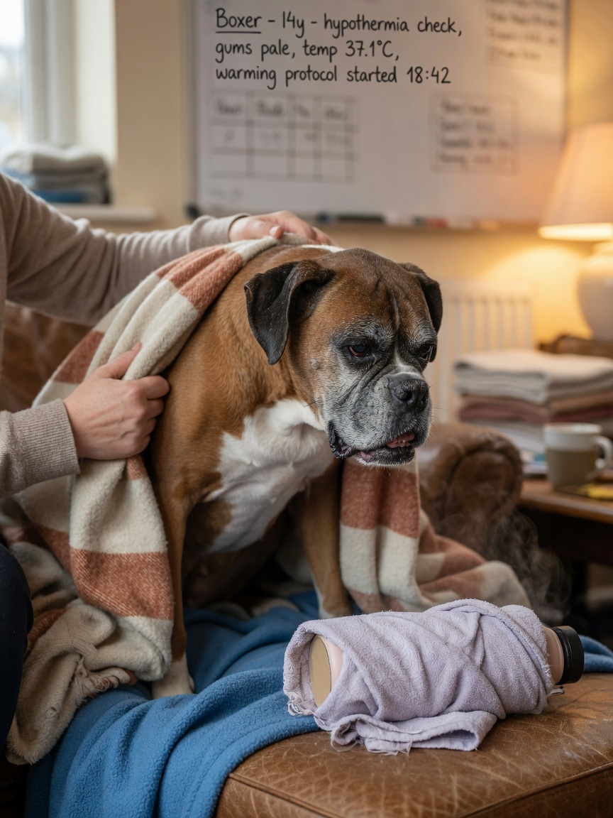 Elderly Boxer being wrapped in warm blankets indoors showing signs of mild hypothermia after cold exposure