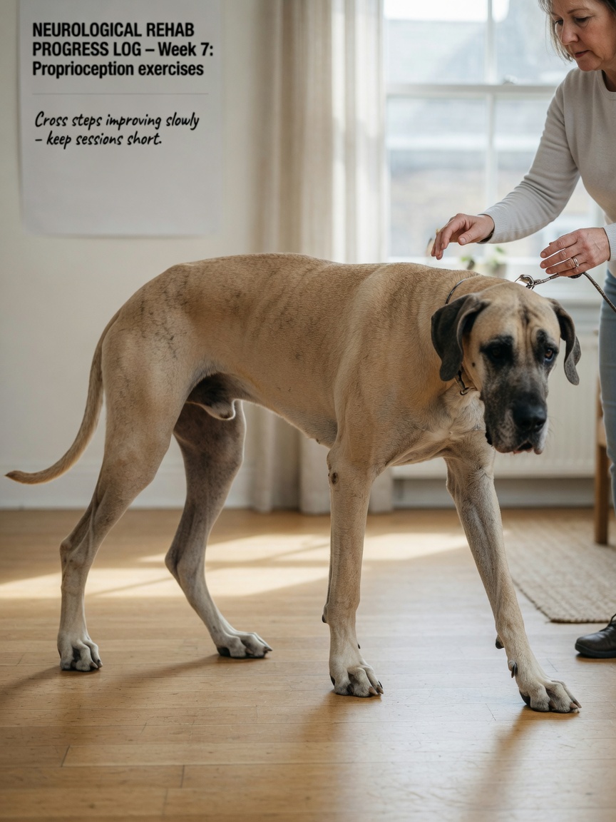 Great Dane walking with an unsteady, wobbly gait showing hindlimb ataxia characteristic of wobbler syndrome