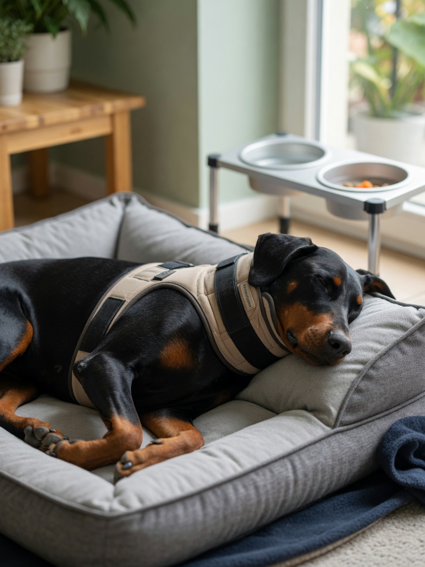 Dobermann resting on an orthopedic bed wearing a cervical neck brace for conservative management of wobbler syndrome