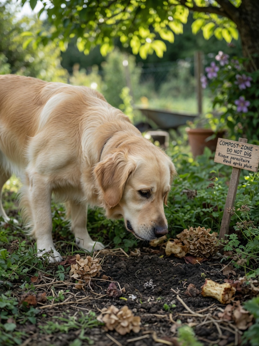 Hund schnuppert im Garten, wo Parasitenei im Boden vorhanden sein können