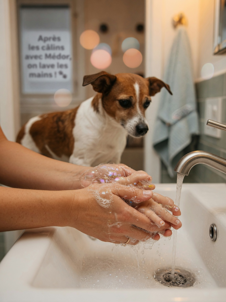 Erwachsener beaufsichtigt Kind beim Händewaschen, um Übertragung von Parasitenerkrankungen von Hunden zu verhindern