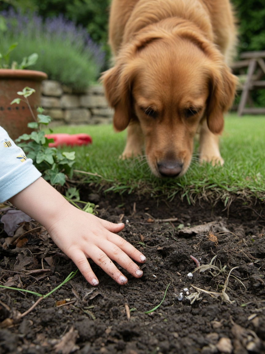 Kind speelt in tuingrond bij hond, illustreert zoonotische transmissierisico van parasieten zoals Toxocara naar kinderen