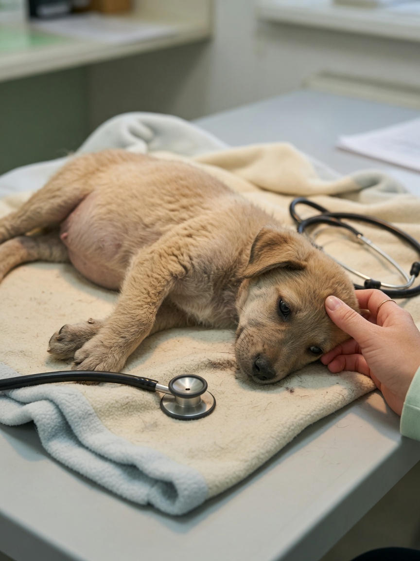 A puppy with a distended belly showing signs of roundworm infection, receiving gentle veterinary care