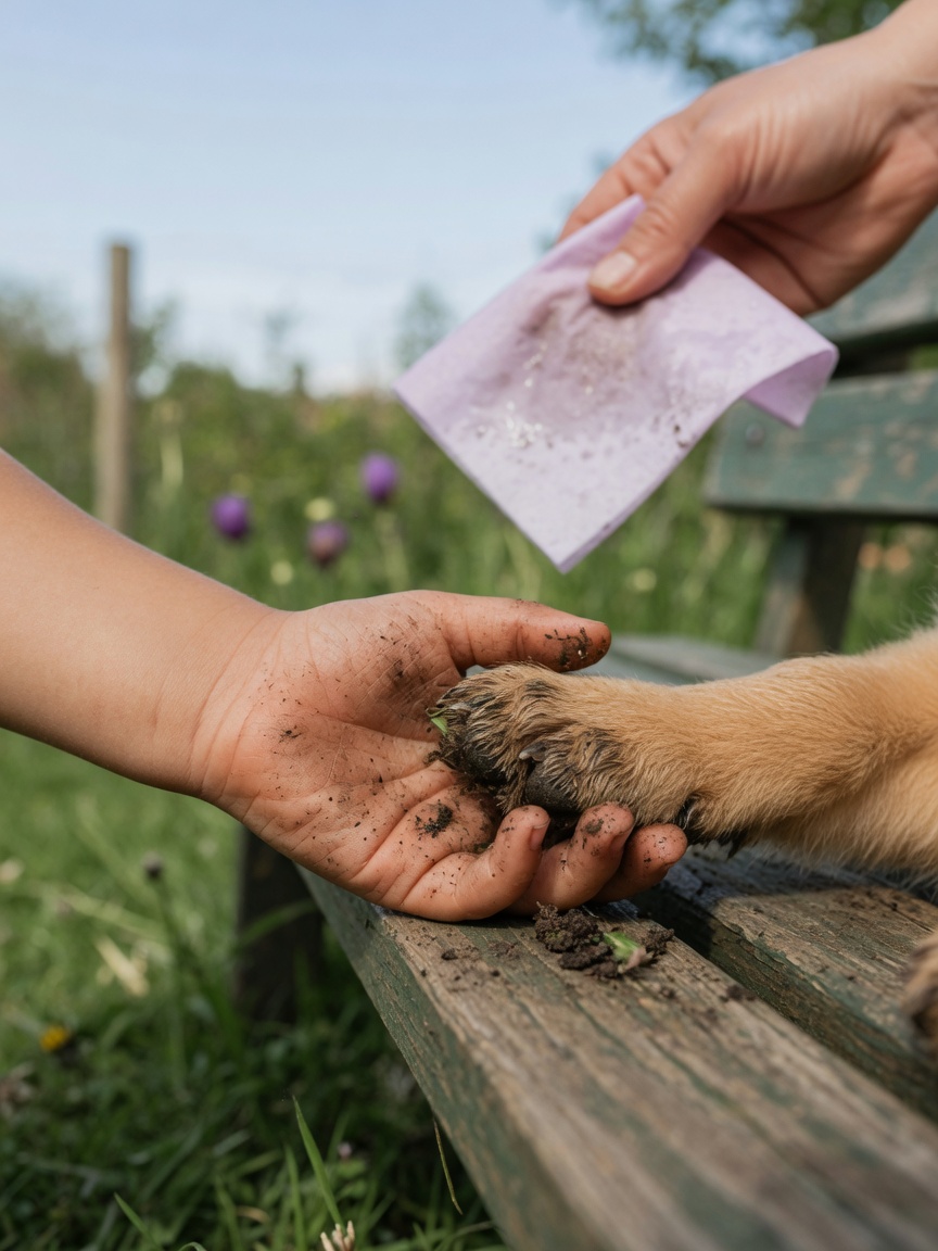 Child and puppy with muddy paws in a garden setting, illustrating zoonotic transmission risk