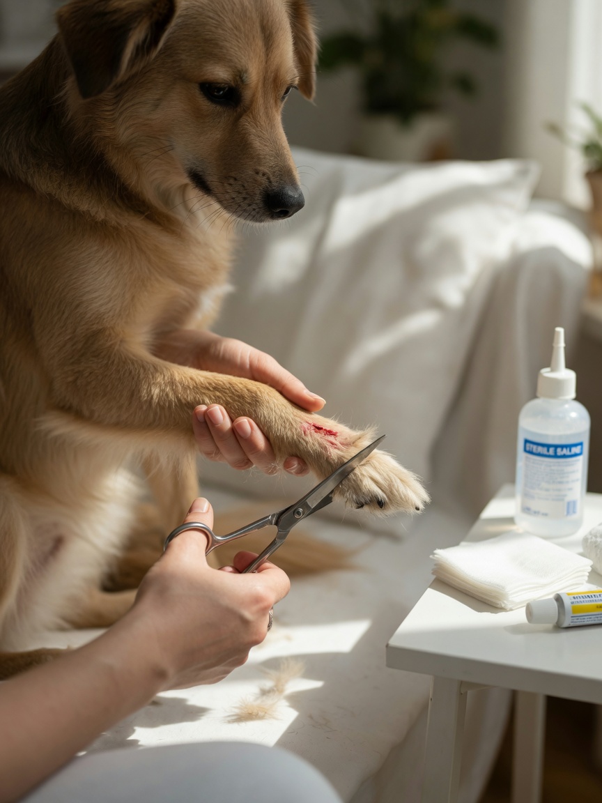 Owner carefully trimming hair around dog's minor wound with blunt scissors before cleaning