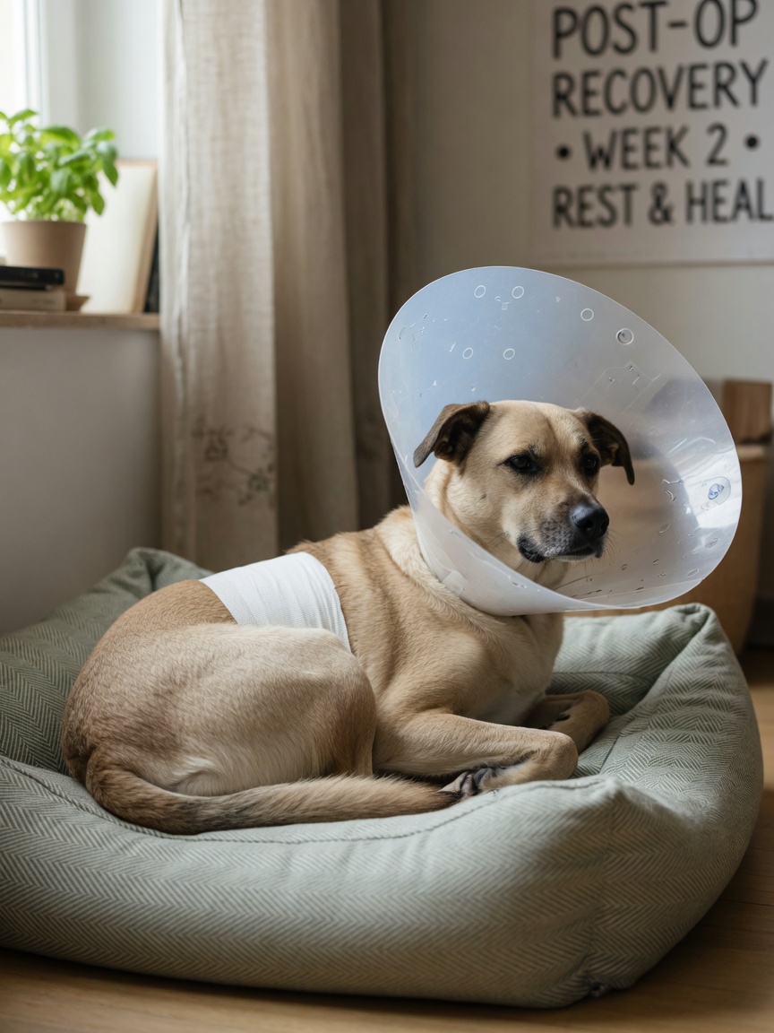 Dog wearing clear Elizabethan cone collar resting on dog bed while recovering from wound