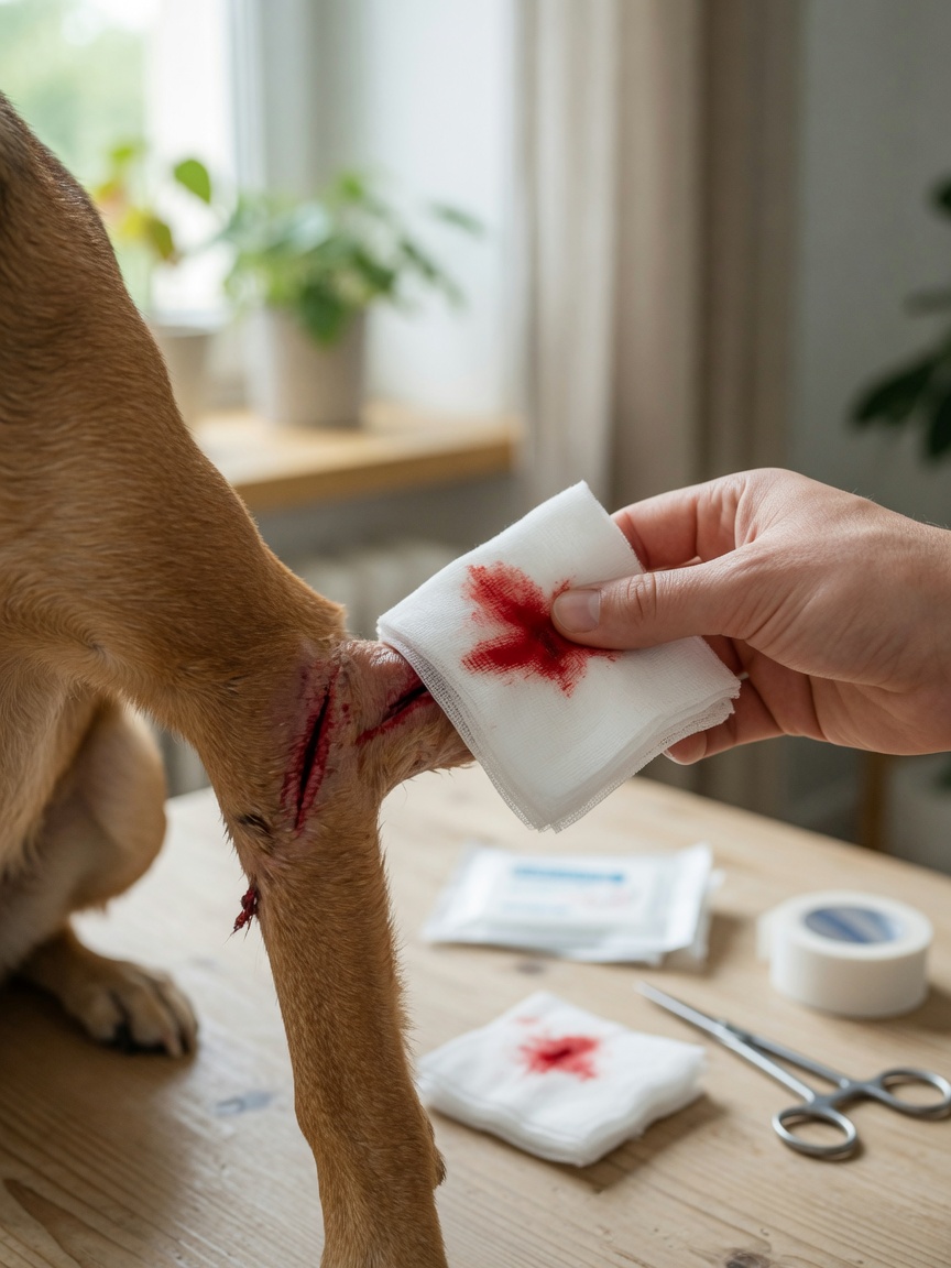 Applying firm pressure to a dog's bleeding wound using sterile gauze to control hemorrhage
