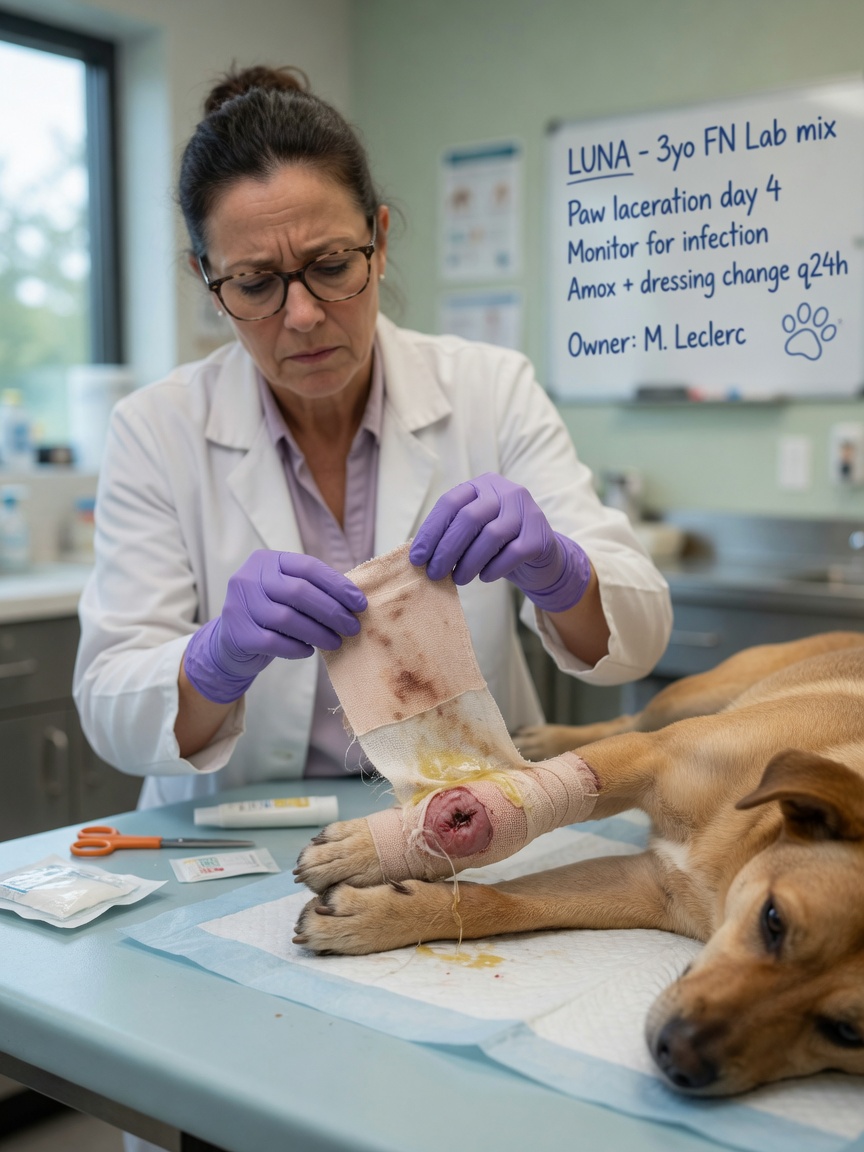 Veterinarian inspecting a dog's bandaged wound for signs of infection during a post-care checkup