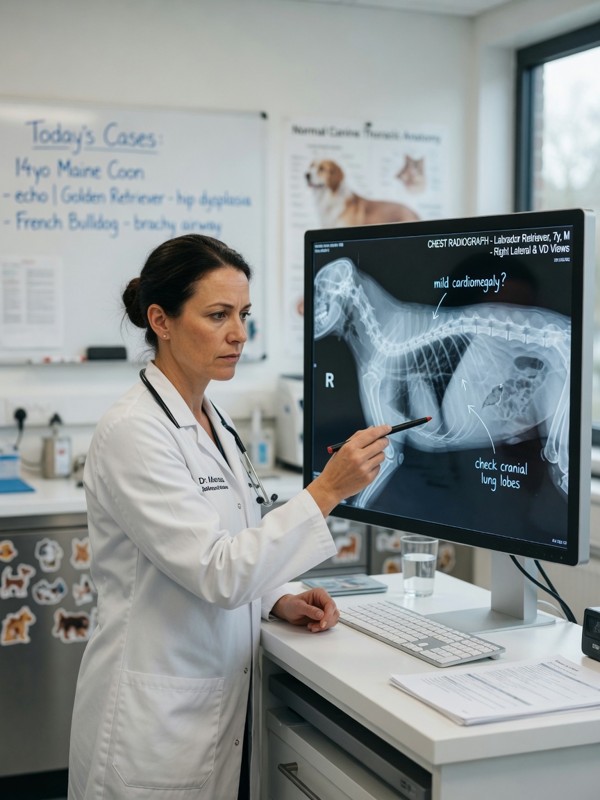 Veterinarian examining chest X-ray radiograph on a clinical monitor