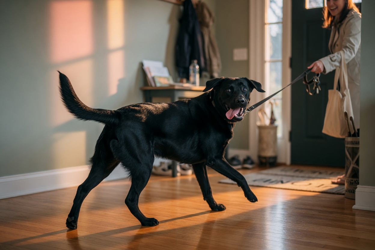 Black labrador sprinting away in excitement as owner arrives home holding a leash, capturing the energy release of post-confinement zoomies