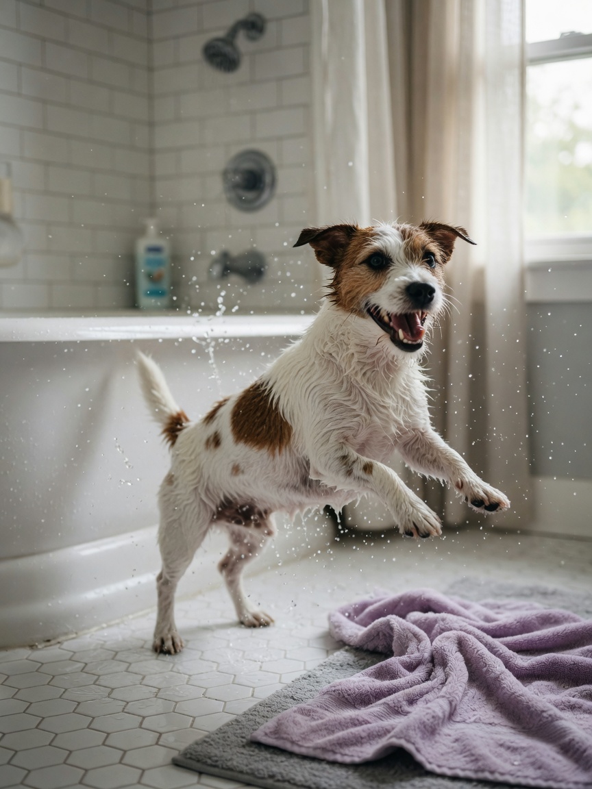 Wet Jack Russell Terrier bursting from a bathtub in a post-bath FRAP with characteristic zoomie tuck posture and joyful expression