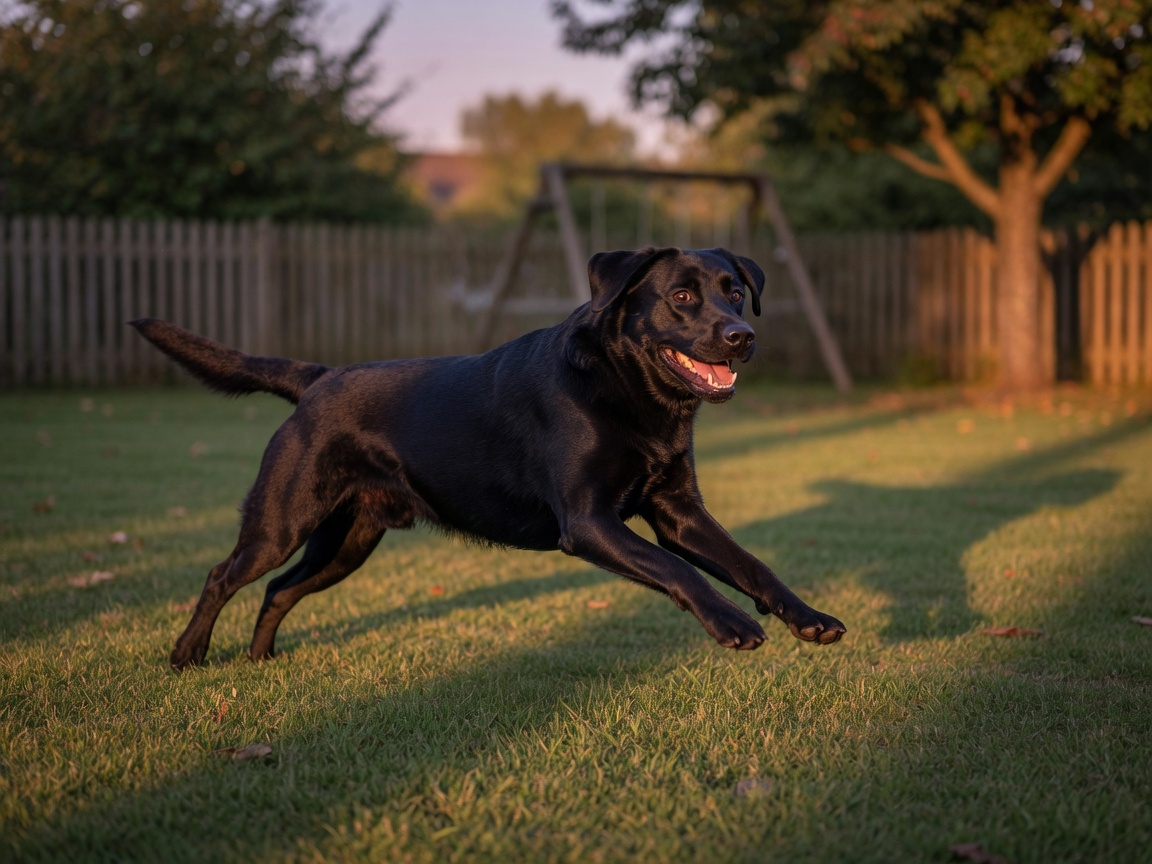 Black Labrador Retriever zooming at full speed across a backyard during golden hour dusk with characteristic zoomie posture and joyful expression