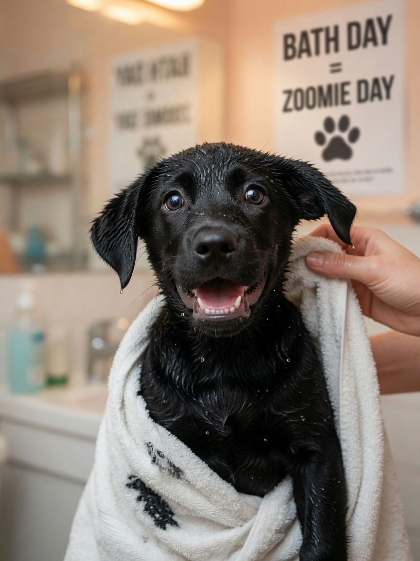 Wet black labrador puppy wrapped in a towel after bathing, eyes bright with energy