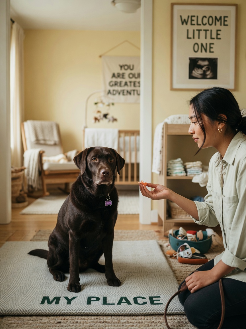 Un addestratore di cani che premia un Labrador marrone per aver mantenuto la posizione su un tappetino designato, dimostrando il comando 'vai al tuo posto' essenziale per la preparazione al bambino