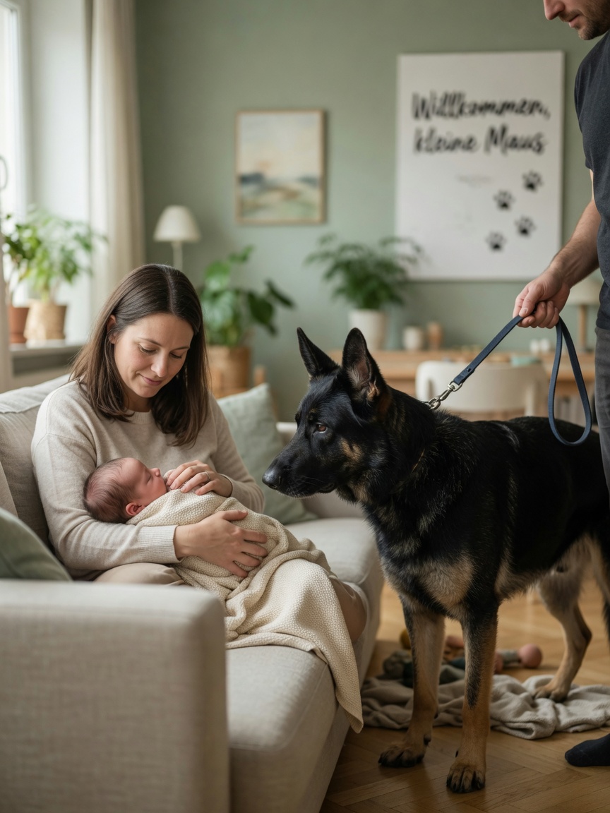 Un padre che tiene un Pastore Tedesco con un guinzaglio allentato mentre la madre siede calma tenendo un neonato, dimostrando la corretta tecnica di prima introduzione con il cane che si avvicina al suo ritmo