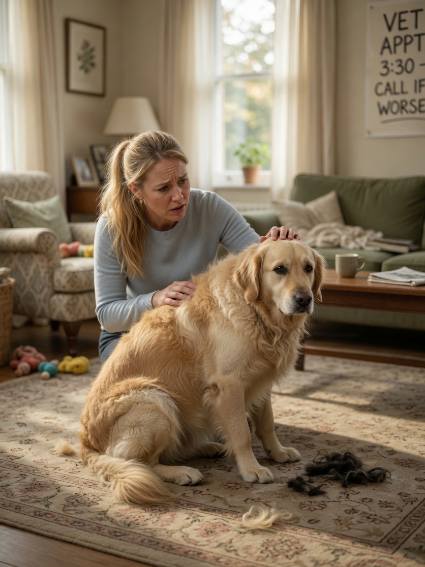 Dog showing signs of gut dysbiosis with dull coat while owner expresses concern