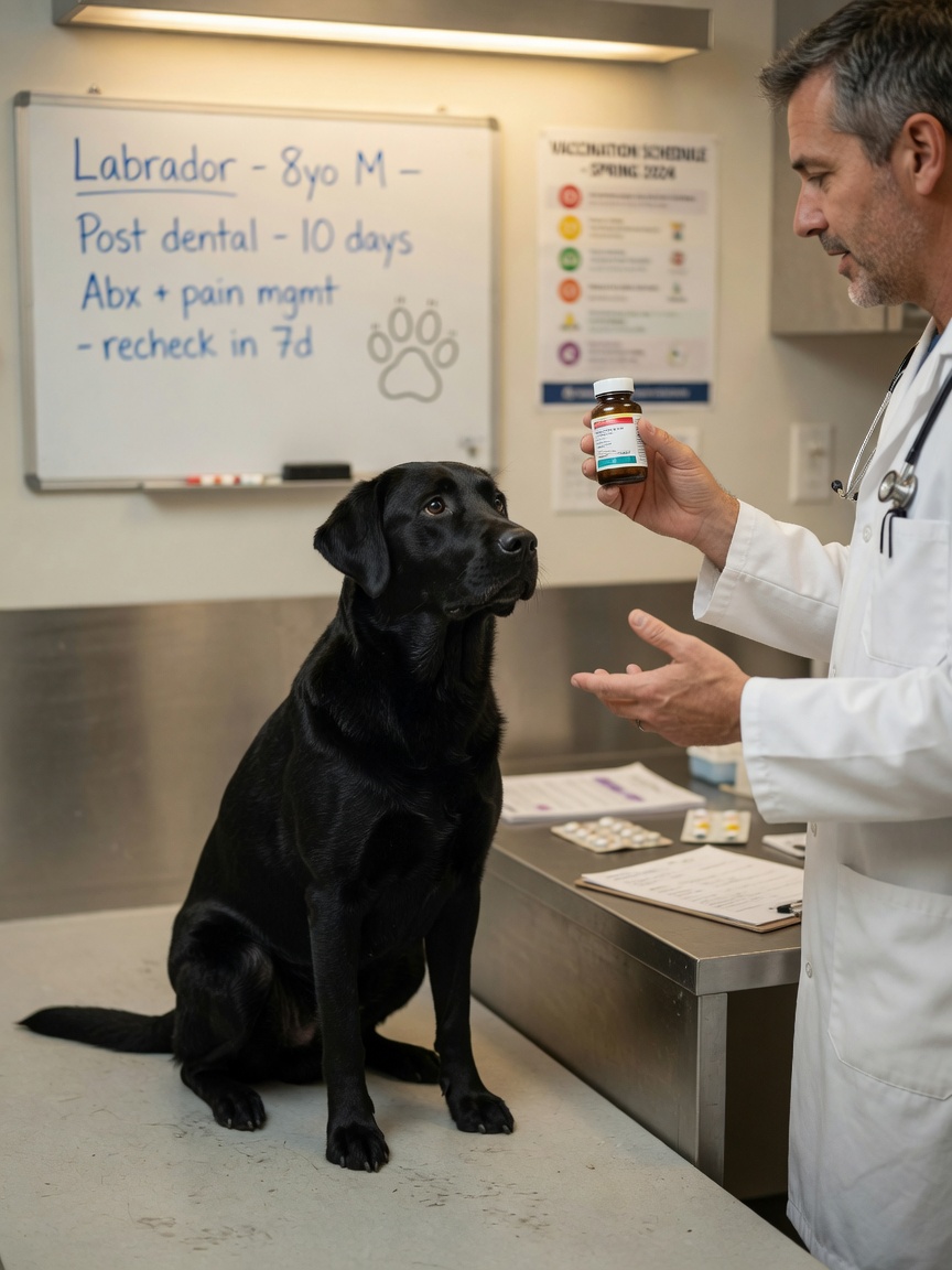 Veterinarian consulting with dog owner about antibiotic treatment and microbiome impact