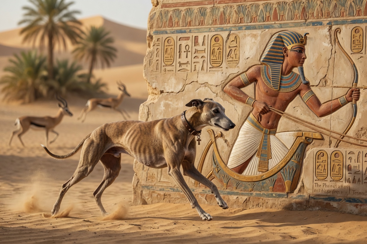 Ancient Egyptian scene with sleek greyhound hunting dog and pharaoh in desert landscape
