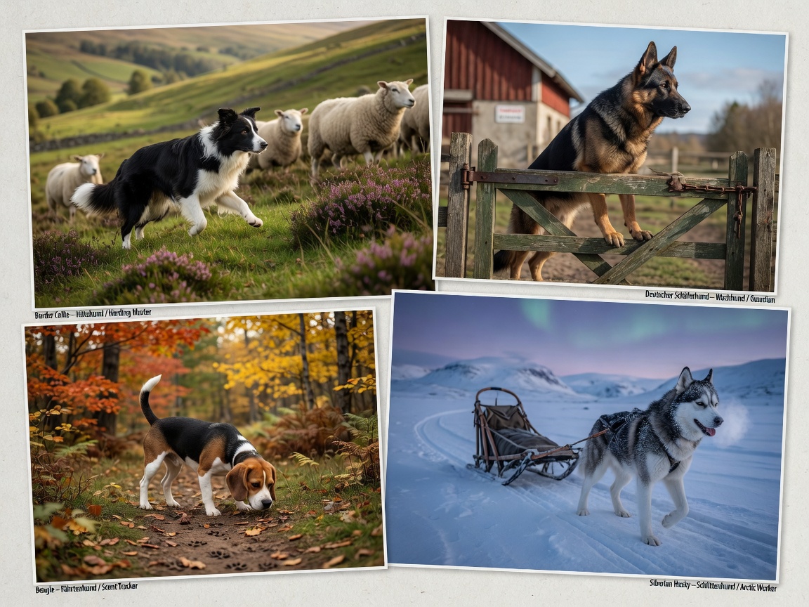 Four working dogs displaying different roles: herding, guarding, sledding, and hunting throughout history