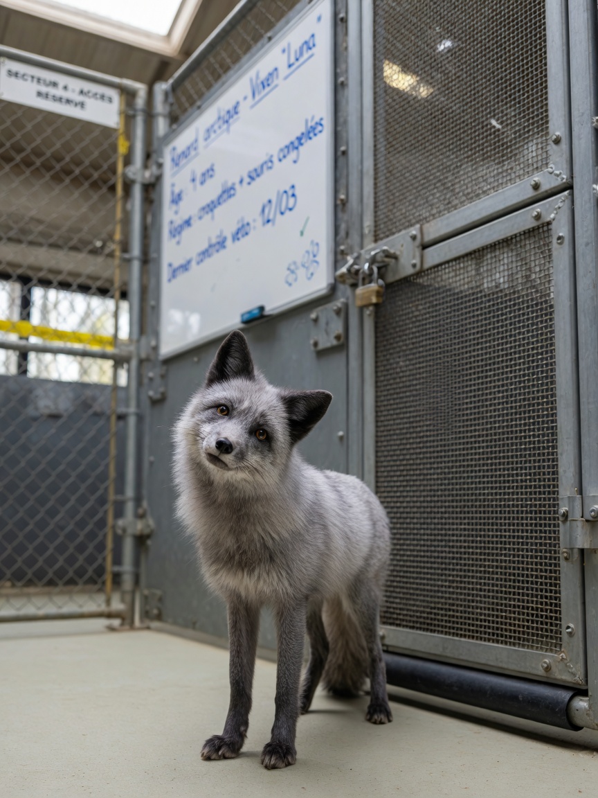 A domesticated silver fox inside a secure outdoor enclosure, showing dog-like behavior while retaining its distinctive fox appearance and features