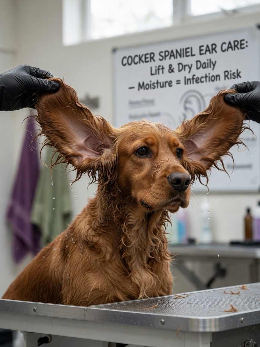 Cocker Spaniel displaying characteristic long pendulous ear flaps that trap moisture and require regular cleaning