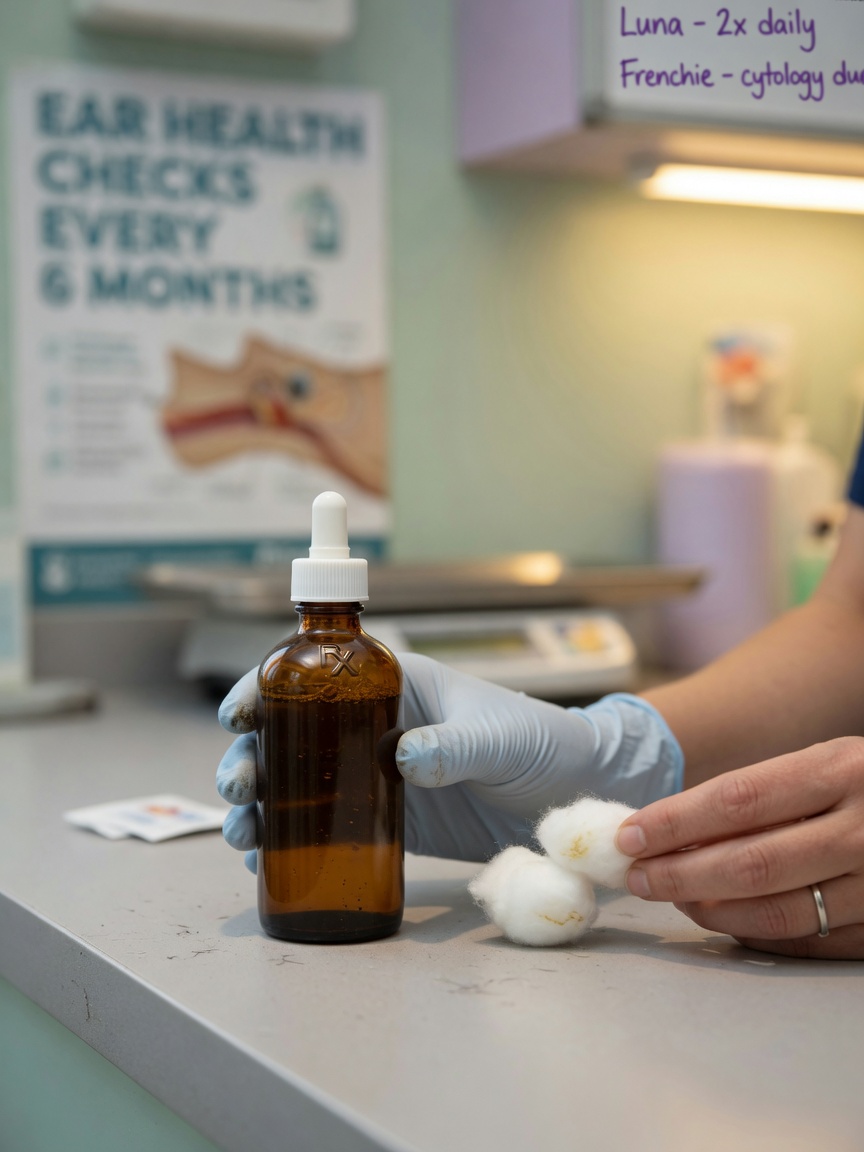 Veterinary ear cleaning solution bottle displayed with cotton ball, showing appropriate products for safe dog ear care