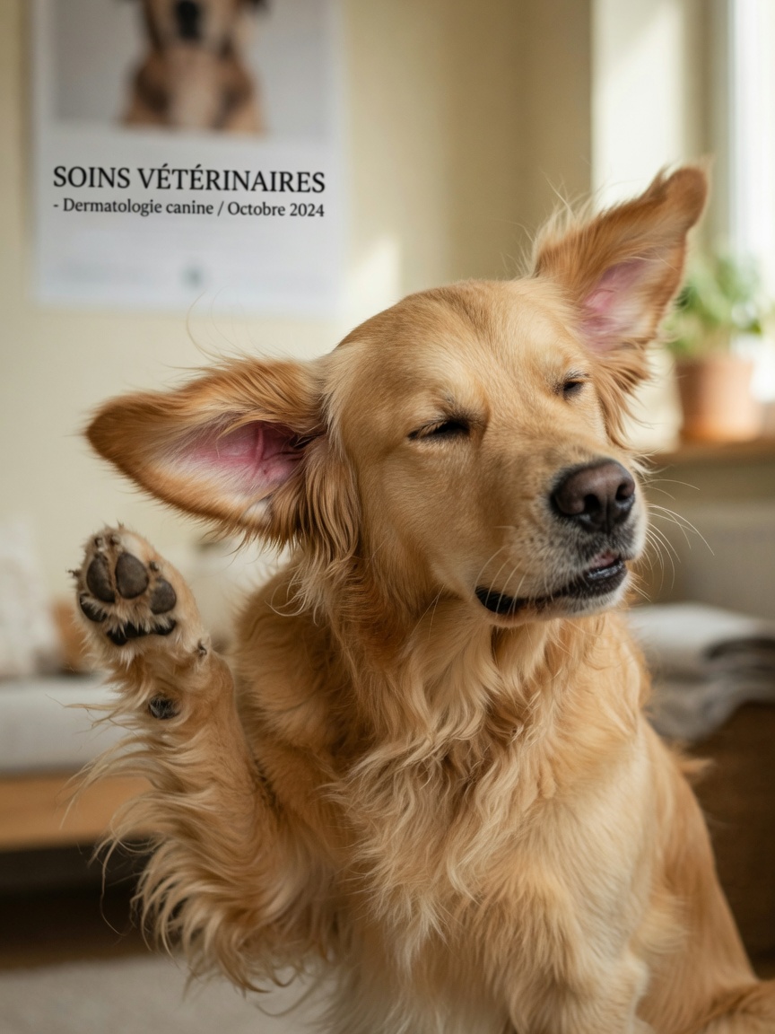 Golden Retriever with long floppy ears shaking its head vigorously, showing distress from ear irritation