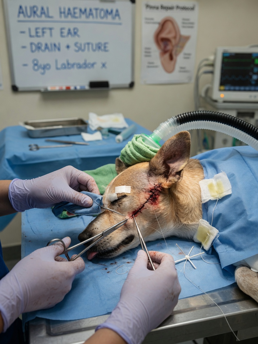 Veterinary surgical procedure draining and repairing an aural haematoma with suturing technique