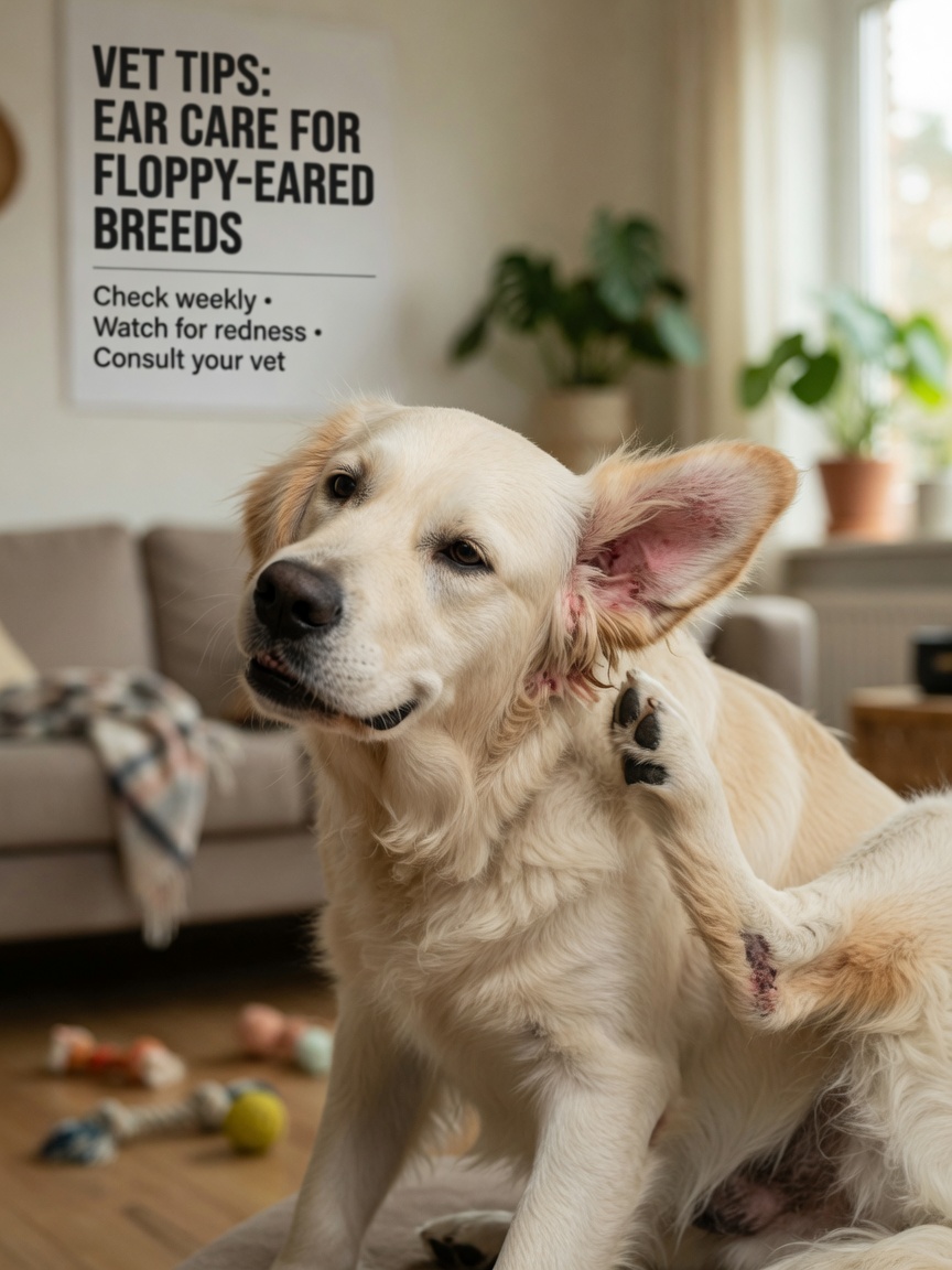 Golden retriever scratching vigorously at inflamed ear, showing signs of ear mite infestation with hair loss and redness
