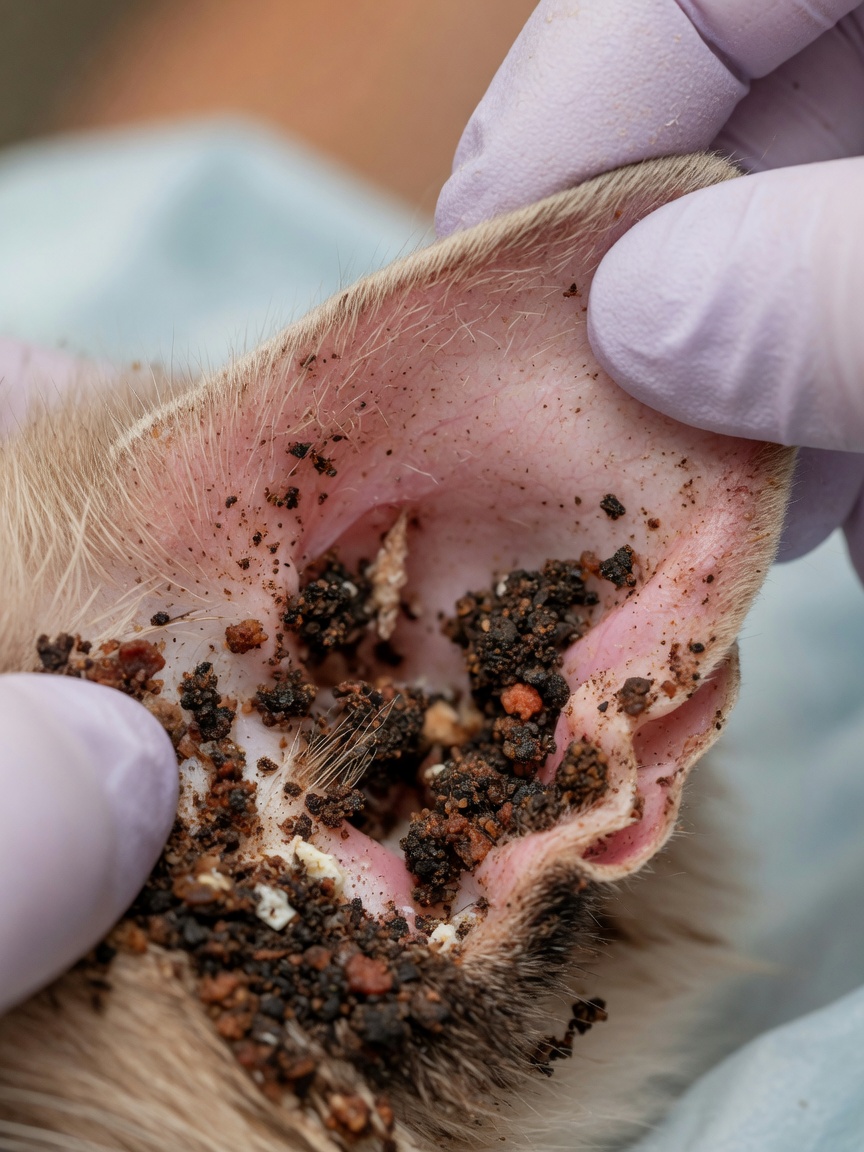 Close-up view of cat ear with dark coffee-ground like discharge from ear mite infestation