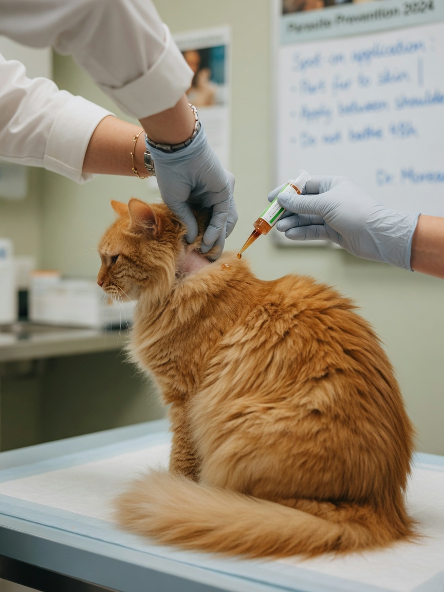 Veterinarian applying topical spot-on treatment to the back of a cat's neck