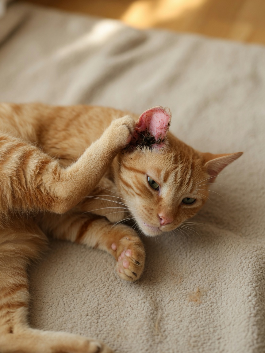 Cat scratching intensely at ear showing signs of ear mite infestation and inflammation