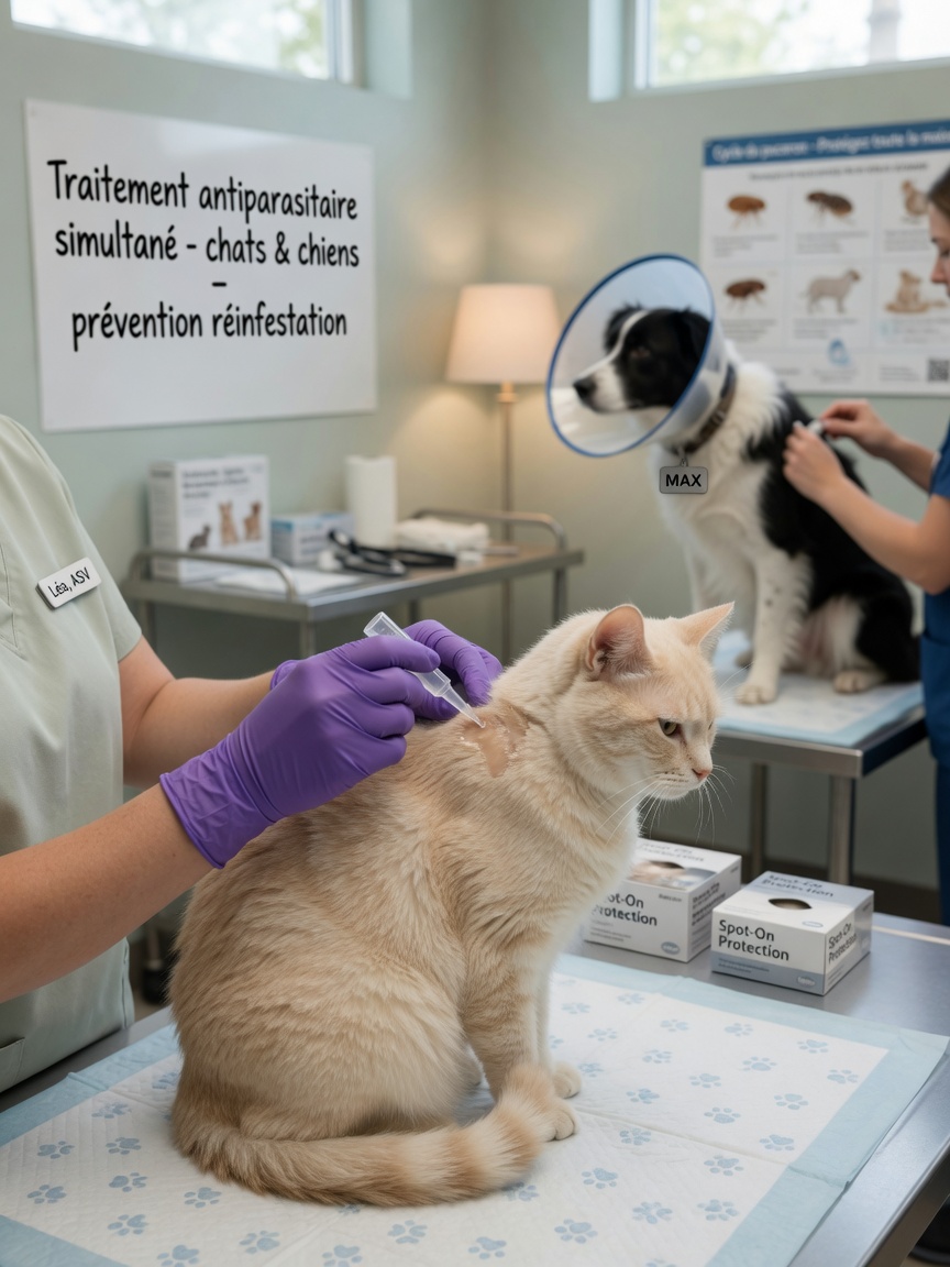 Veterinary staff treating multiple household pets simultaneously with ear mite treatment