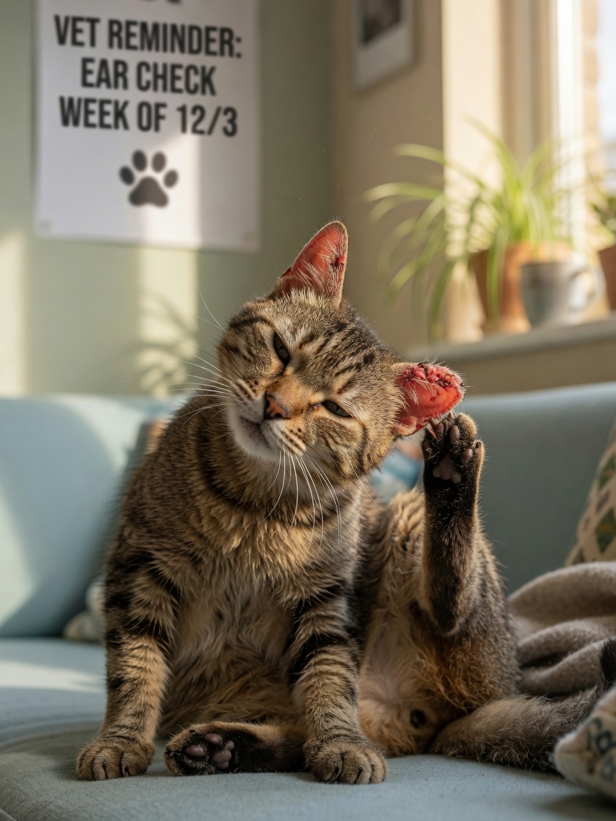 Un chat tigré se grattant intensément l'oreille enflammée, montrant des signes d'inconfort dû aux puces d'oreilles et d'auto-trauma