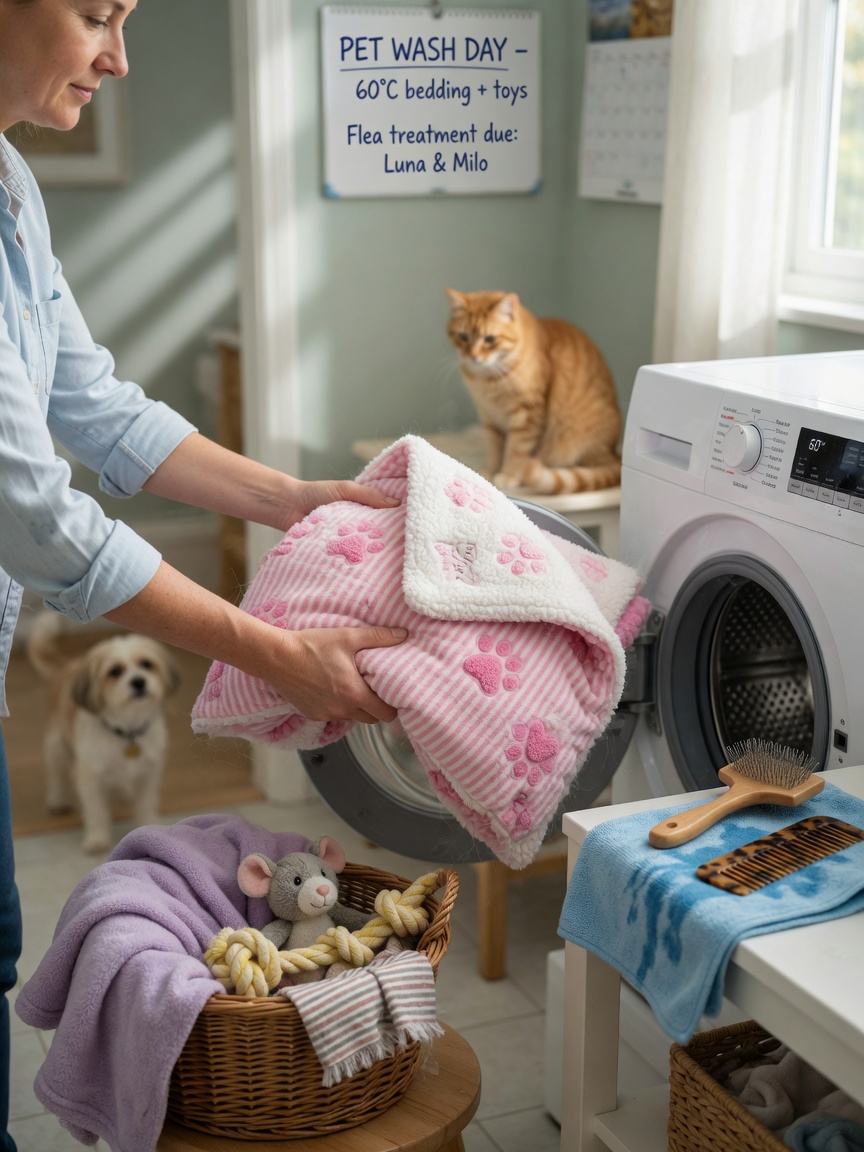 Propriétaire de chat lavant la literie de l'animal de compagnie à l'eau chaude et nettoyant les outils de toilettage pour prévenir la réinfestation par les puces d'oreilles