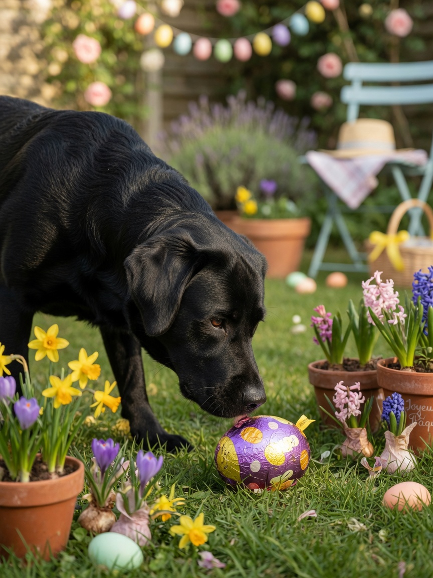 Black Labrador retriever discovering a foil-wrapped chocolate egg hidden in Easter egg hunt garden setting