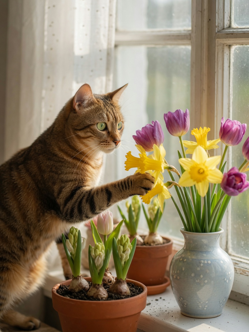 Tabby cat reaching toward toxic daffodils and tulips in vases on a sunny windowsill with spring bulbs in soil