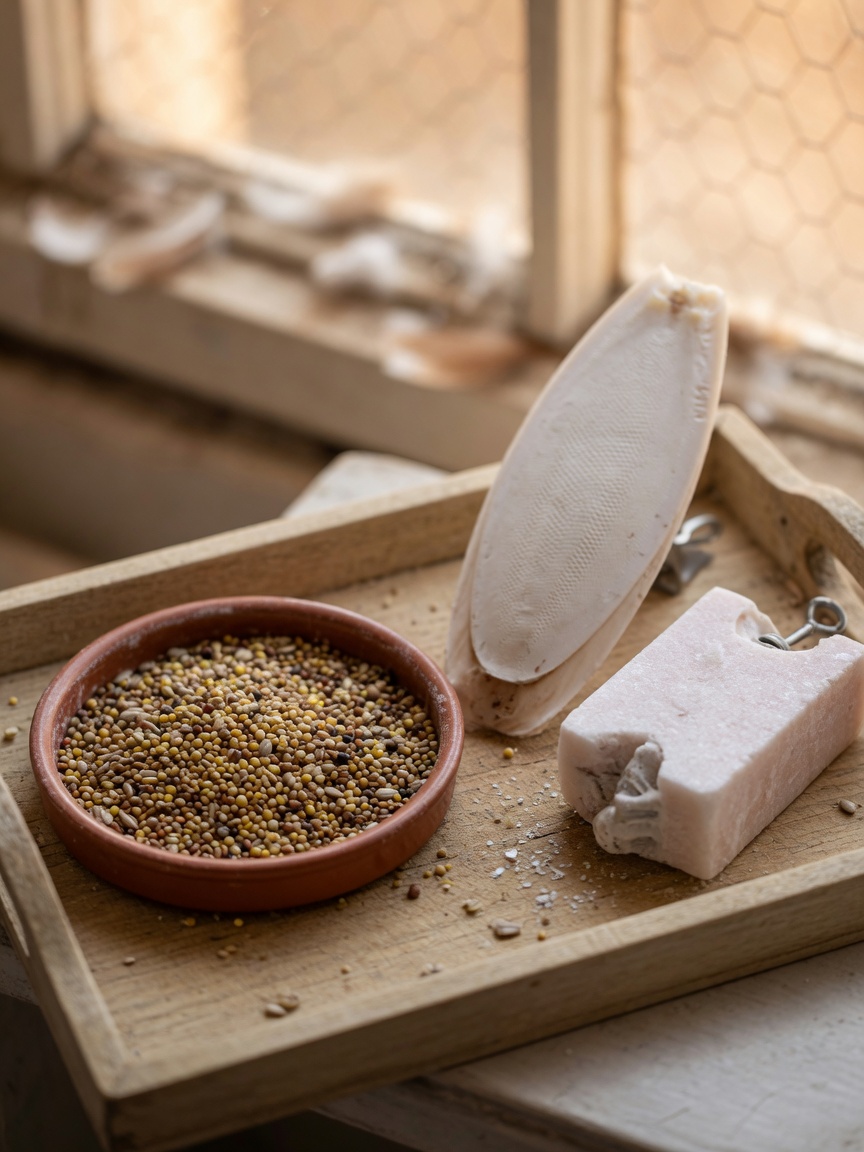 Seed dish and nutritional supplements showing calcium deficiency risk factors for egg binding