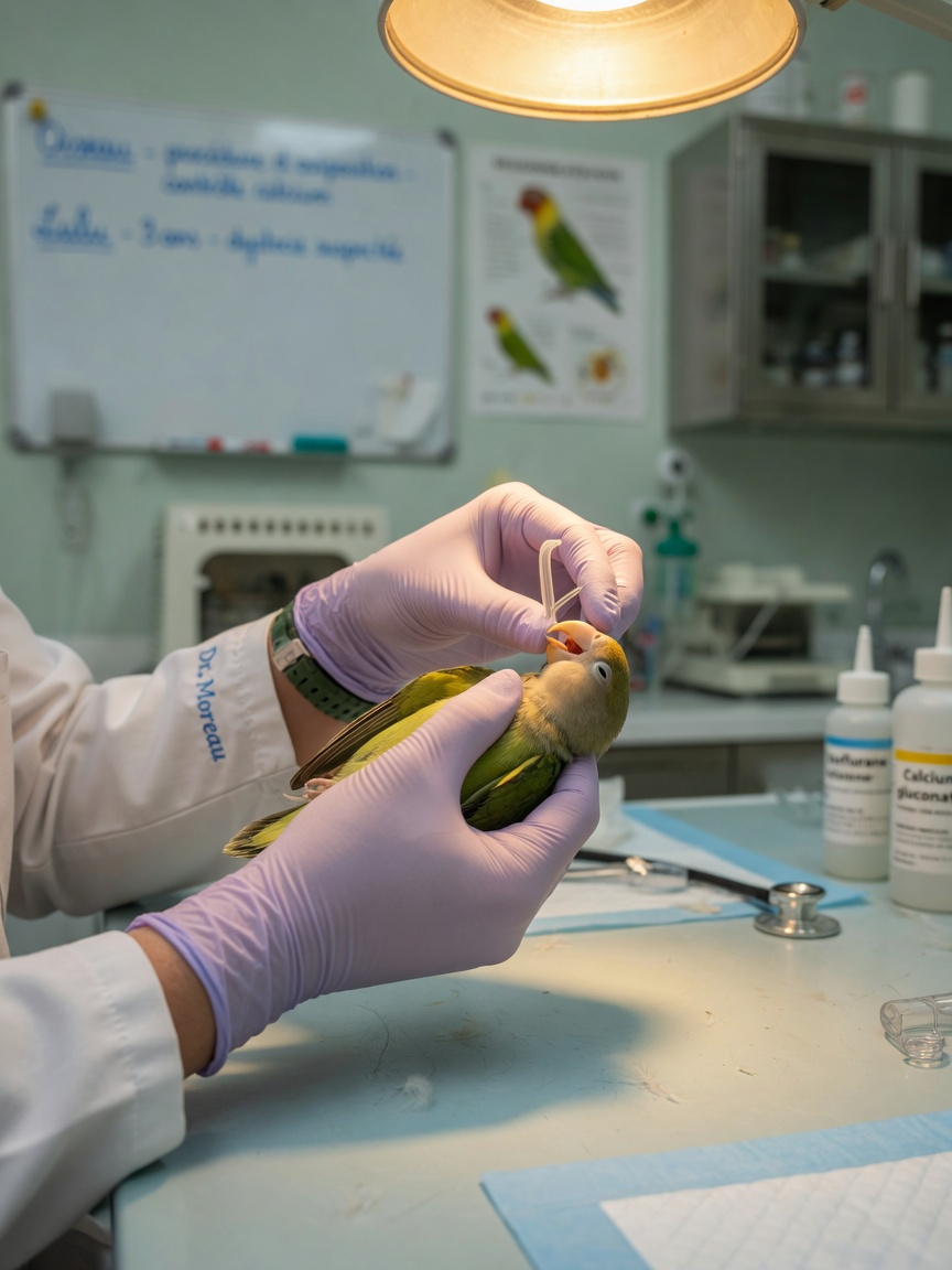 Avian veterinarian's hands carefully examining a small sedated bird during egg binding treatment